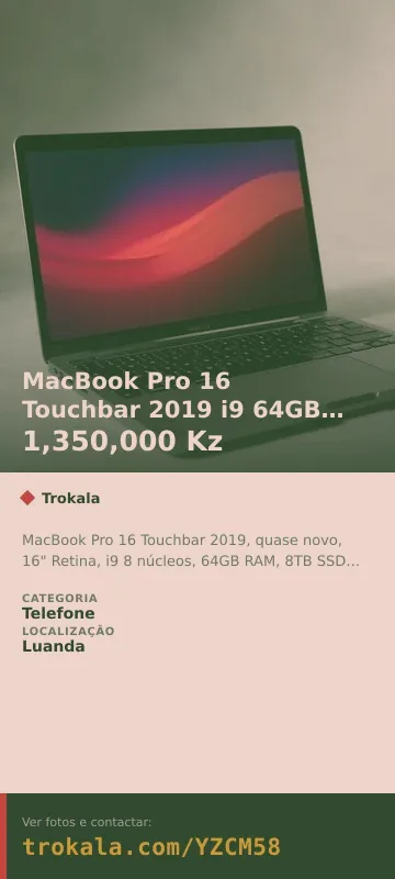 Cartão do anúncio: MacBook Pro 16 Touchbar 2019 i9 64GB RAM 8TB SSD Radeon Pro 4GB GDDR5