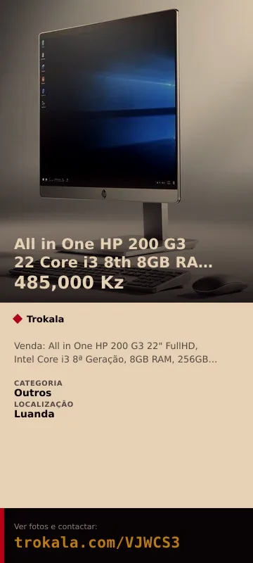 Cartão do anúncio: All in One HP 200 G3 22 Core i3 8th 8GB RAM 256GB SSD