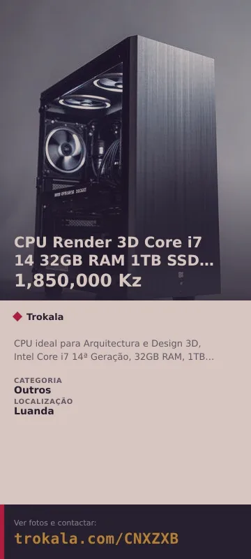 Cartão do anúncio: CPU Render 3D Core i7 14 32GB RAM 1TB SSD Nvidia RTX 3050 8GB