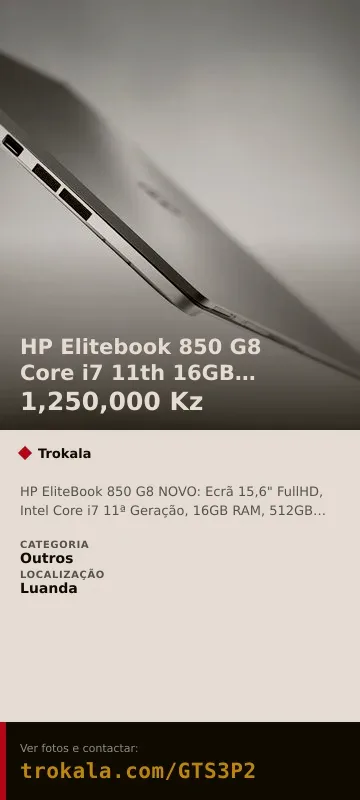 Cartão do anúncio: HP Elitebook 850 G8 Core i7 11th 16GB 512GB NOVO