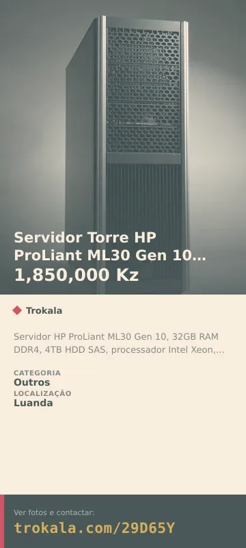 Cartão do anúncio: Servidor Torre HP ProLiant ML30 Gen 10 32GB RAM 4TB SAS