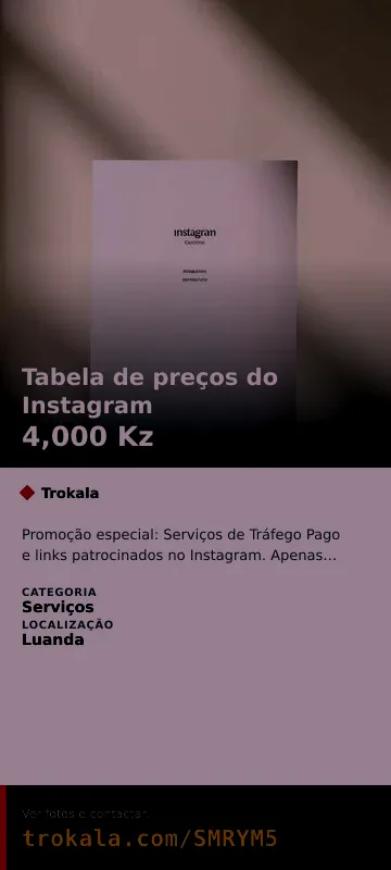Cartão do anúncio: Tabela de preços do Instagram