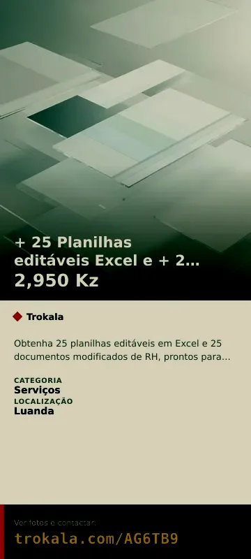 Cartão do anúncio: + 25 Planilhas editáveis Excel e + 25 Doc mod de RH editável