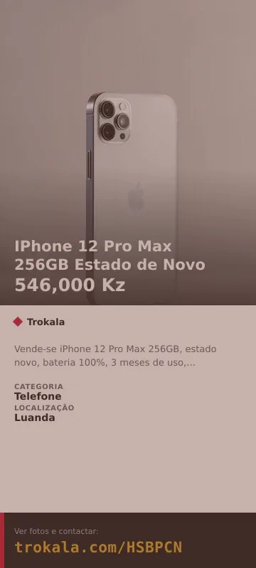Cartão do anúncio: IPhone 12 Pro Max 256GB Estado de Novo
